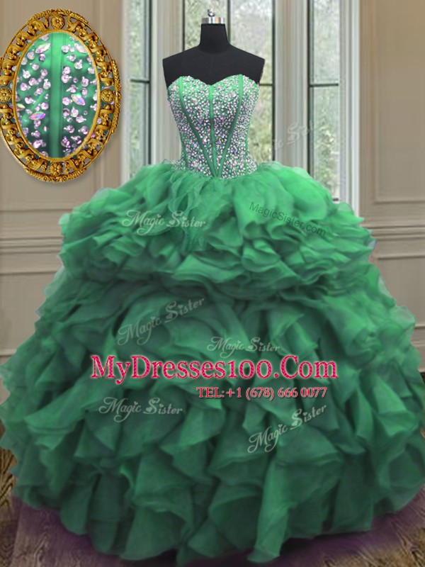 Sophisticated Green Sleeveless Floor Length Beading and Ruffles Lace Up Sweet 16 Dresses