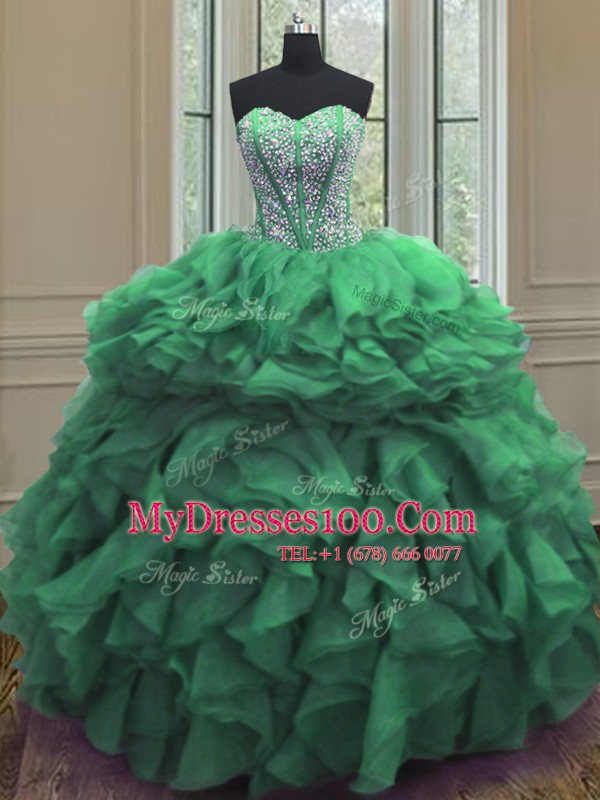Sophisticated Green Sleeveless Floor Length Beading and Ruffles Lace Up Sweet 16 Dresses