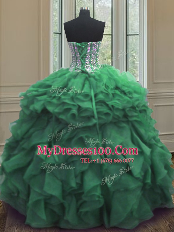 Sophisticated Green Sleeveless Floor Length Beading and Ruffles Lace Up Sweet 16 Dresses
