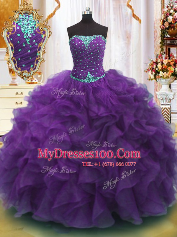 Strapless Sleeveless Vestidos de Quinceanera Floor Length Beading and Ruffles Purple Organza
