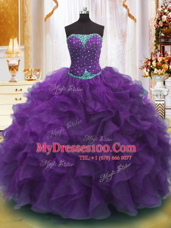 Strapless Sleeveless Vestidos de Quinceanera Floor Length Beading and Ruffles Purple Organza