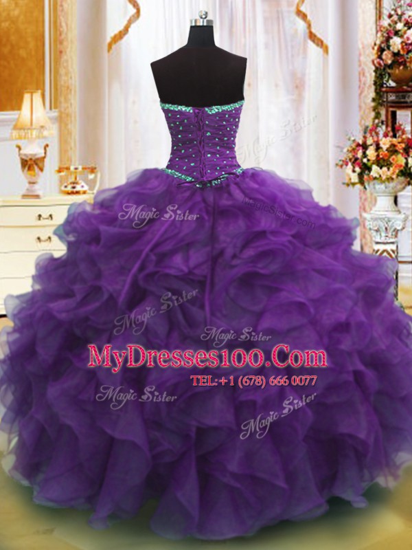 Strapless Sleeveless Vestidos de Quinceanera Floor Length Beading and Ruffles Purple Organza