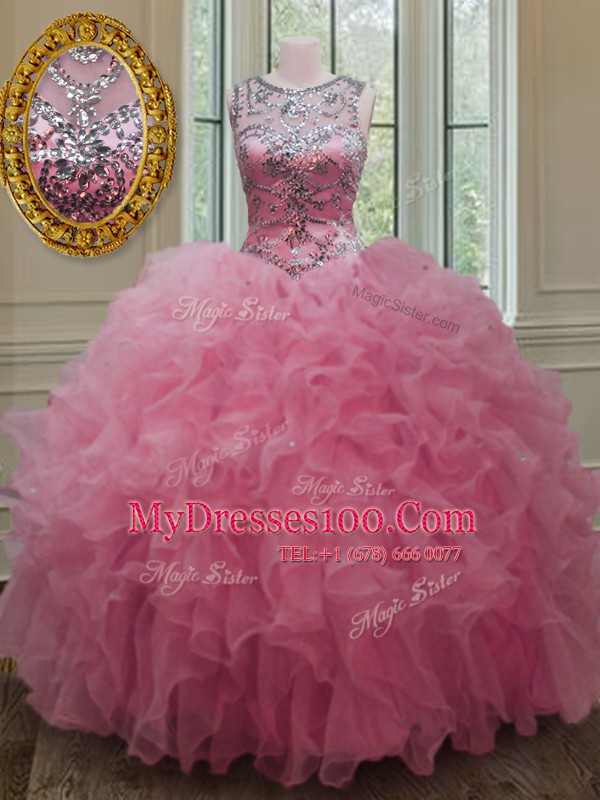 Rose Pink Scoop Neckline Beading and Ruffles Sweet 16 Dress Sleeveless Lace Up