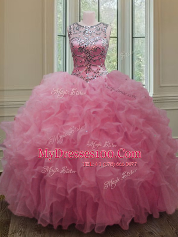 Rose Pink Scoop Neckline Beading and Ruffles Sweet 16 Dress Sleeveless Lace Up