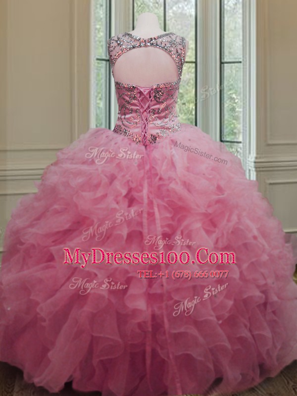 Rose Pink Scoop Neckline Beading and Ruffles Sweet 16 Dress Sleeveless Lace Up