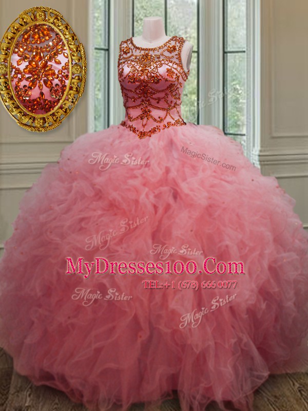 Shining Tulle Scoop Sleeveless Lace Up Beading and Ruffles Sweet 16 Quinceanera Dress in Pink