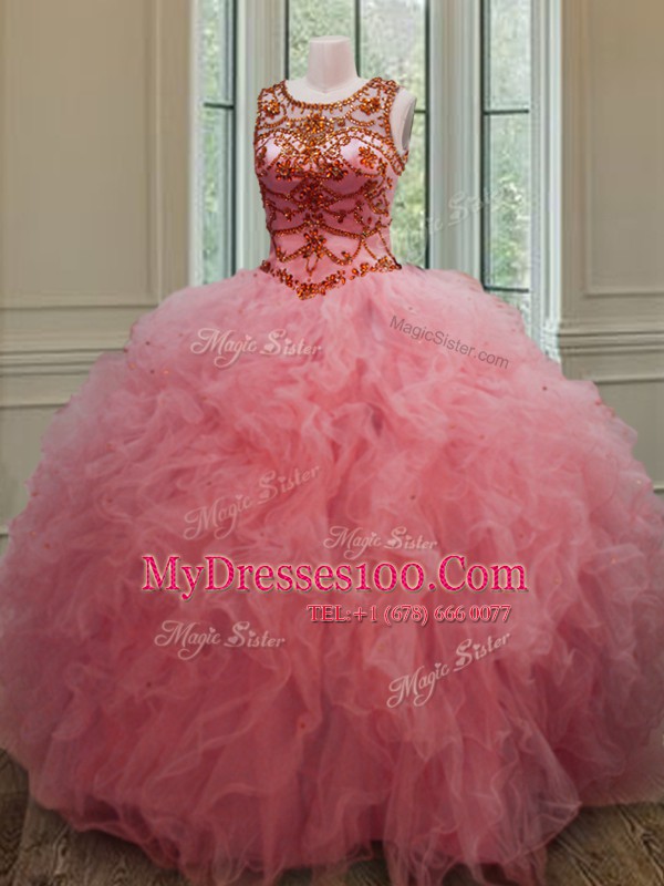 Shining Tulle Scoop Sleeveless Lace Up Beading and Ruffles Sweet 16 Quinceanera Dress in Pink