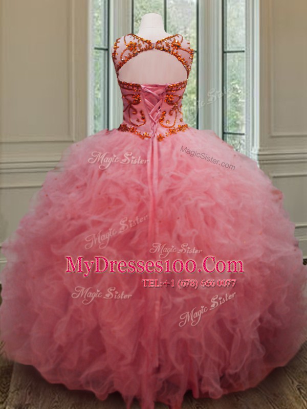 Shining Tulle Scoop Sleeveless Lace Up Beading and Ruffles Sweet 16 Quinceanera Dress in Pink