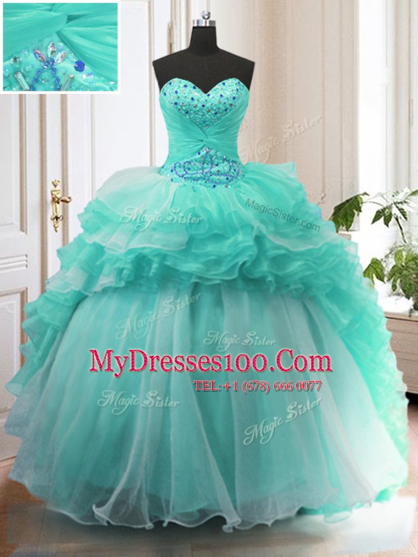 Fantastic Turquoise Ball Gowns Sweetheart Sleeveless Organza With Train Sweep Train Lace Up Beading and Ruffles Quinceanera Dress