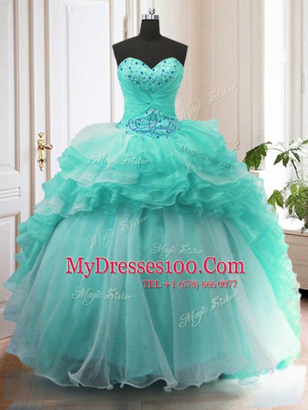 Fantastic Turquoise Ball Gowns Sweetheart Sleeveless Organza With Train Sweep Train Lace Up Beading and Ruffles Quinceanera Dress