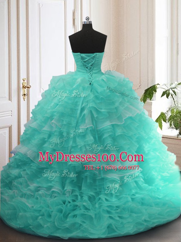 Fantastic Turquoise Ball Gowns Sweetheart Sleeveless Organza With Train Sweep Train Lace Up Beading and Ruffles Quinceanera Dress