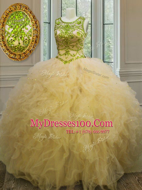 Scoop Light Yellow Ball Gowns Beading and Ruffles Ball Gown Prom Dress Lace Up Tulle Sleeveless Floor Length