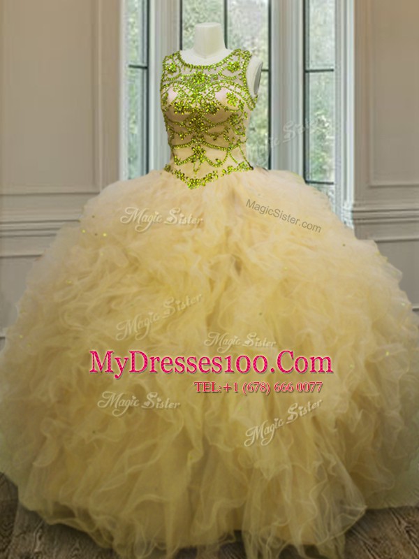Scoop Light Yellow Ball Gowns Beading and Ruffles Ball Gown Prom Dress Lace Up Tulle Sleeveless Floor Length