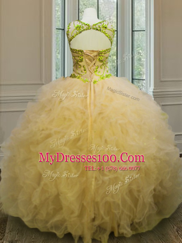 Scoop Light Yellow Ball Gowns Beading and Ruffles Ball Gown Prom Dress Lace Up Tulle Sleeveless Floor Length