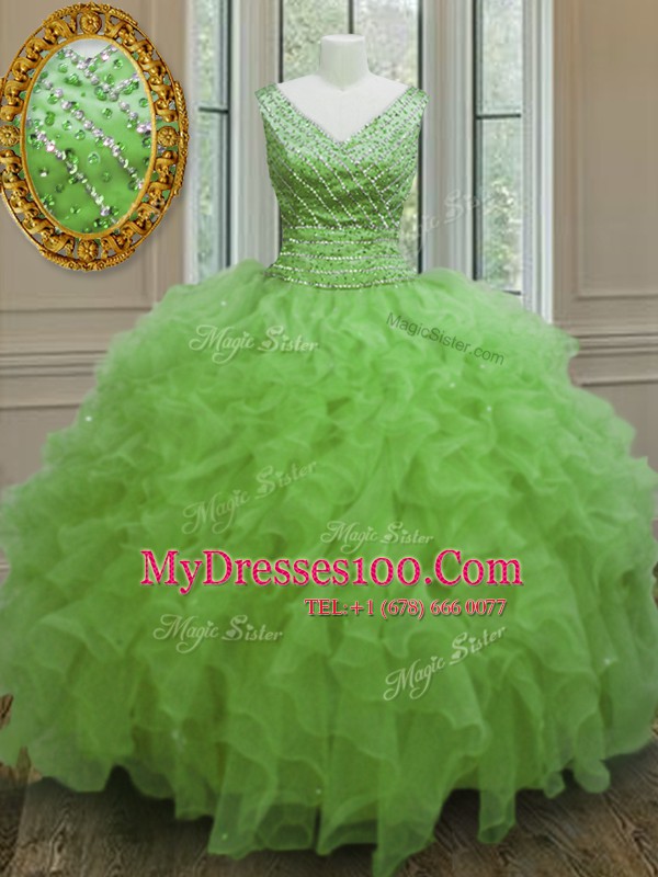 Sleeveless Floor Length Beading and Ruffles Zipper Sweet 16 Quinceanera Dress