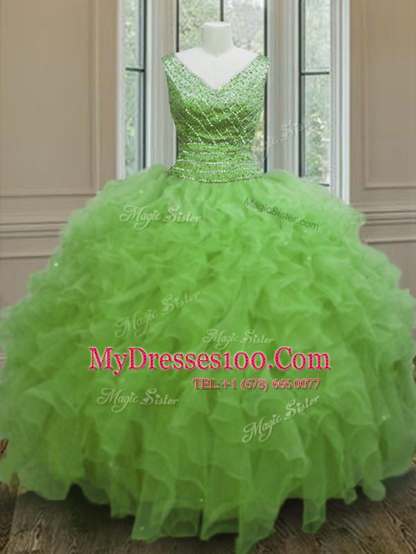 Sleeveless Floor Length Beading and Ruffles Zipper Sweet 16 Quinceanera Dress
