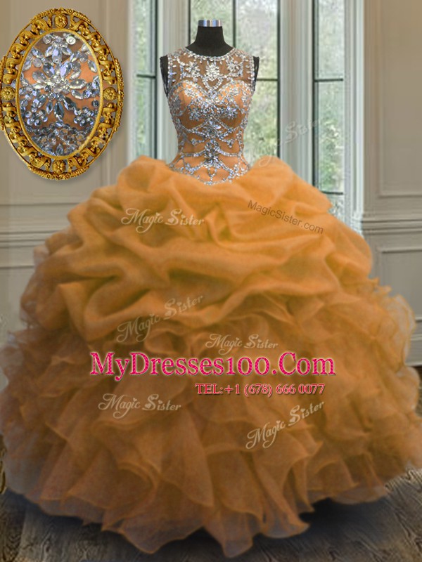 Scoop Orange Lace Up Sweet 16 Dresses Beading and Ruffles and Pick Ups Sleeveless Floor Length