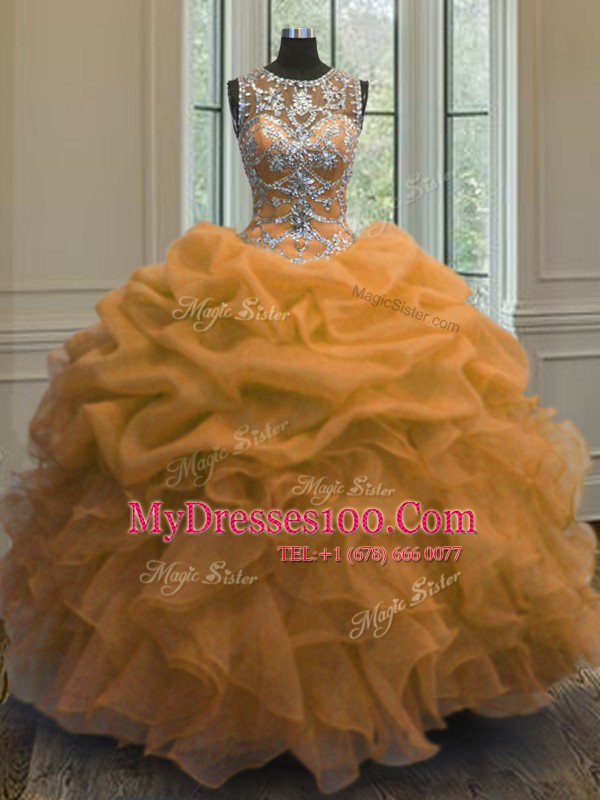 Scoop Orange Lace Up Sweet 16 Dresses Beading and Ruffles and Pick Ups Sleeveless Floor Length