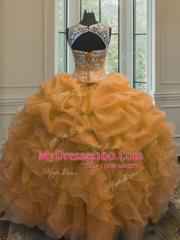 Scoop Orange Lace Up Sweet 16 Dresses Beading and Ruffles and Pick Ups Sleeveless Floor Length