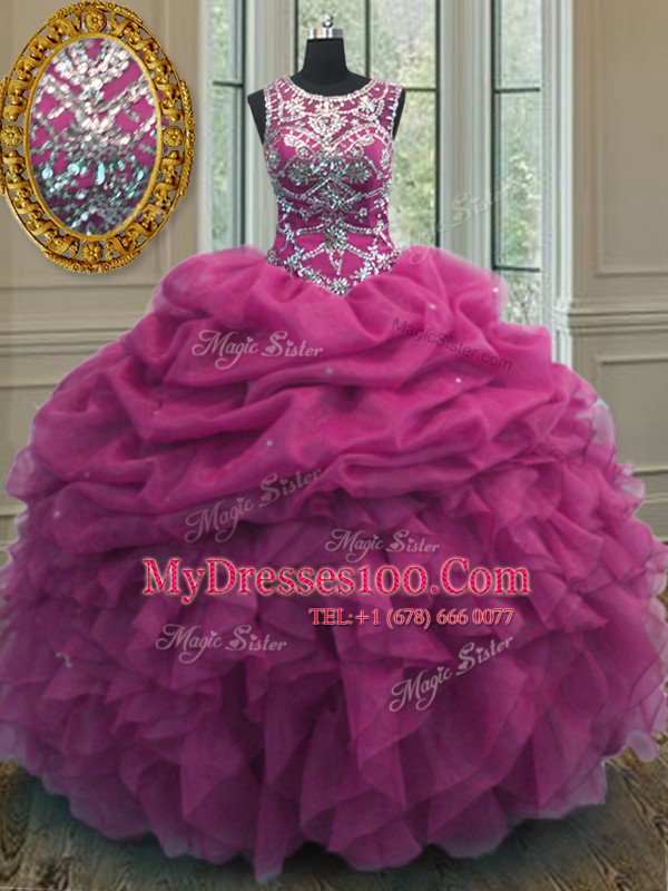 Artistic Pick Ups Scoop Sleeveless Lace Up 15th Birthday Dress Fuchsia Organza