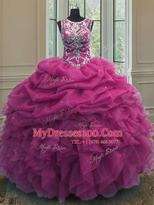 Artistic Pick Ups Scoop Sleeveless Lace Up 15th Birthday Dress Fuchsia Organza