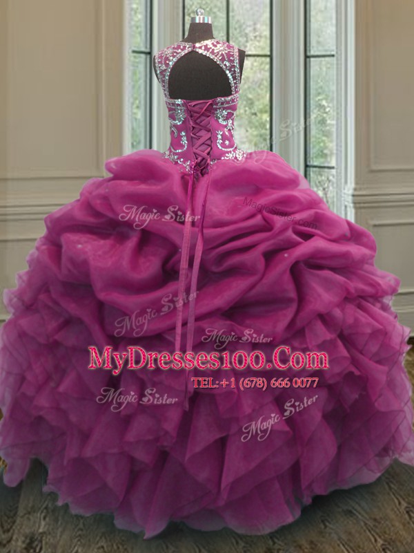 Artistic Pick Ups Scoop Sleeveless Lace Up 15th Birthday Dress Fuchsia Organza