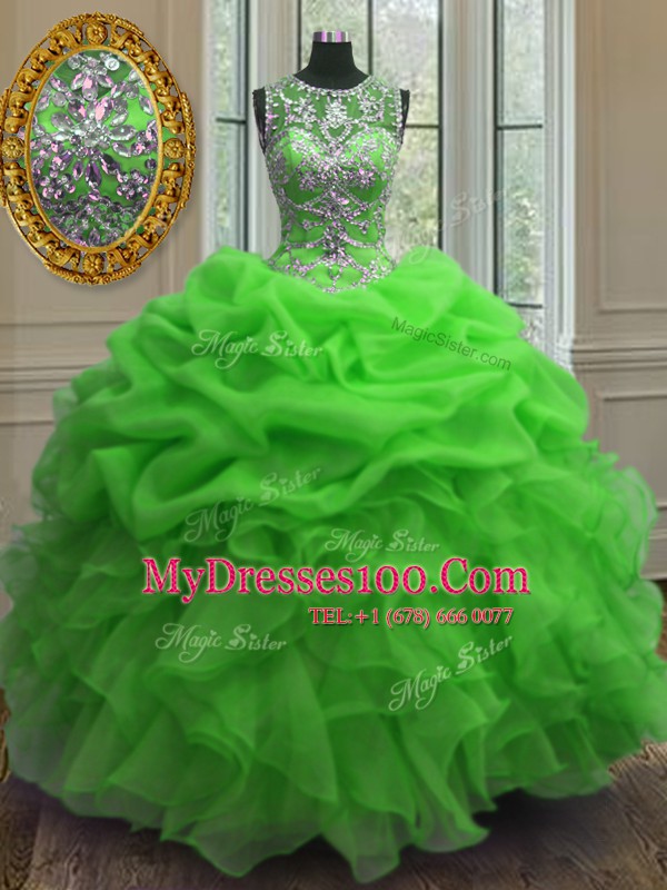Pick Ups Scoop Sleeveless Lace Up 15th Birthday Dress Green Organza