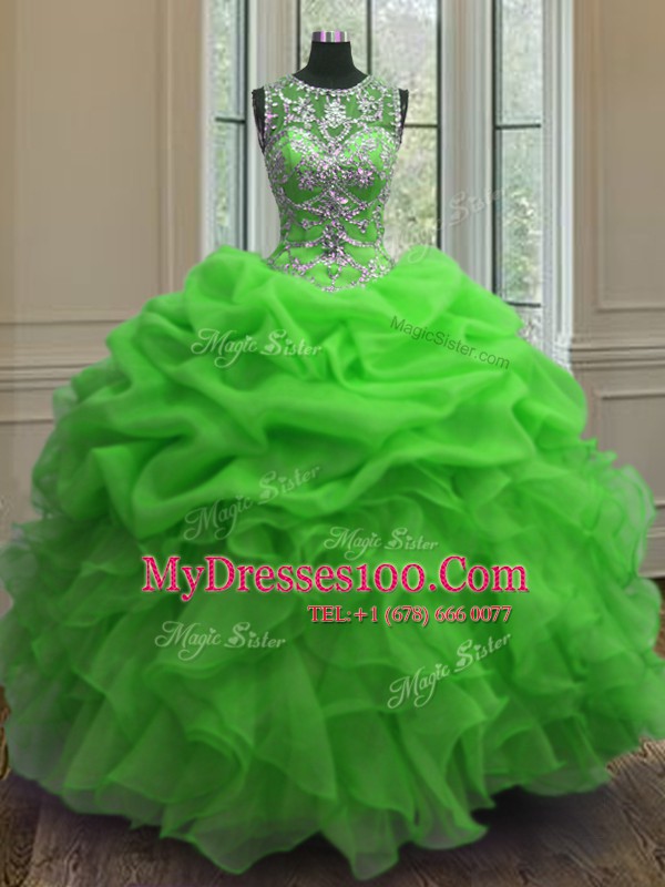 Pick Ups Scoop Sleeveless Lace Up 15th Birthday Dress Green Organza