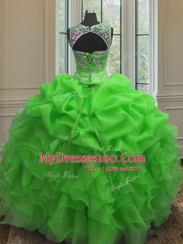 Pick Ups Scoop Sleeveless Lace Up 15th Birthday Dress Green Organza