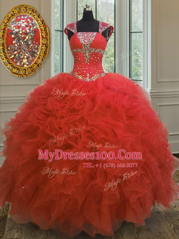 Straps Sequins Floor Length Ball Gowns Cap Sleeves Coral Red Vestidos de Quinceanera Lace Up