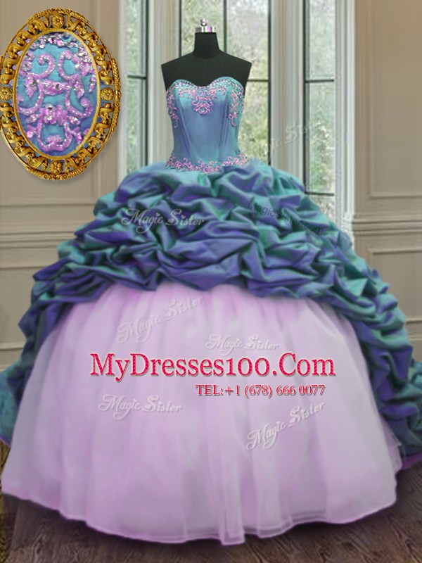 Blue And White Sleeveless Sweep Train Beading and Appliques and Pick Ups With Train Quinceanera Gown