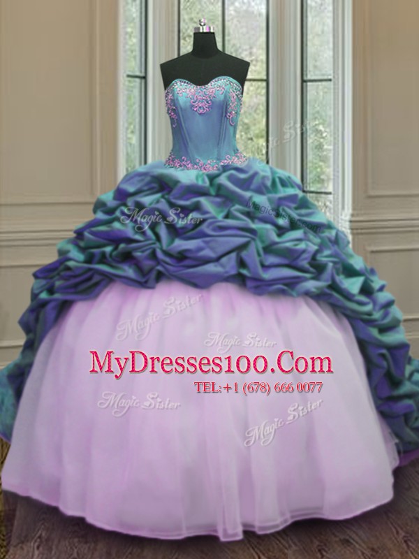 Blue And White Sleeveless Sweep Train Beading and Appliques and Pick Ups With Train Quinceanera Gown