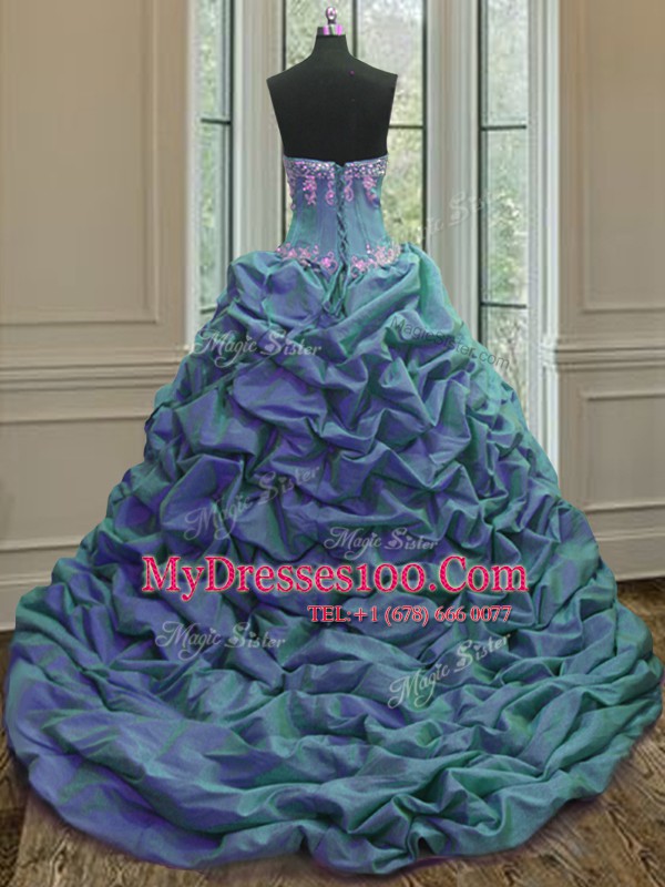 Blue And White Sleeveless Sweep Train Beading and Appliques and Pick Ups With Train Quinceanera Gown