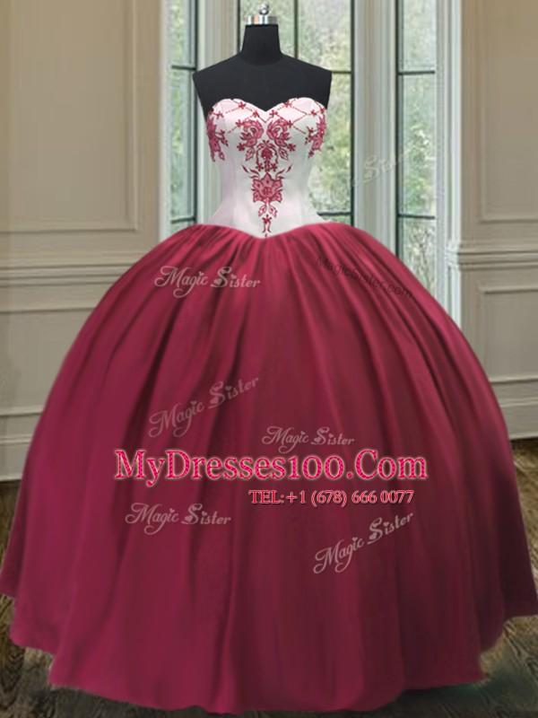 Burgundy Lace Up Sweetheart Embroidery Sweet 16 Dresses Taffeta Sleeveless