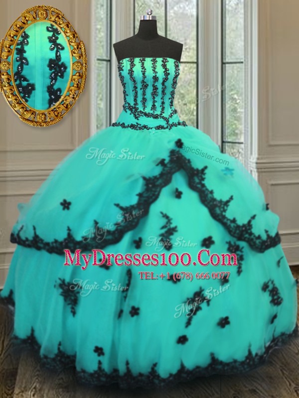Romantic Ball Gowns Vestidos de Quinceanera Turquoise Strapless Tulle Sleeveless Floor Length Lace Up