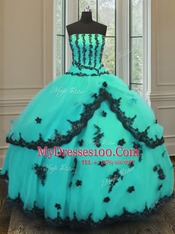 Romantic Ball Gowns Vestidos de Quinceanera Turquoise Strapless Tulle Sleeveless Floor Length Lace Up