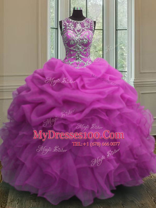 Fuchsia Scoop Neckline Beading and Ruffles and Pick Ups 15th Birthday Dress Sleeveless Lace Up