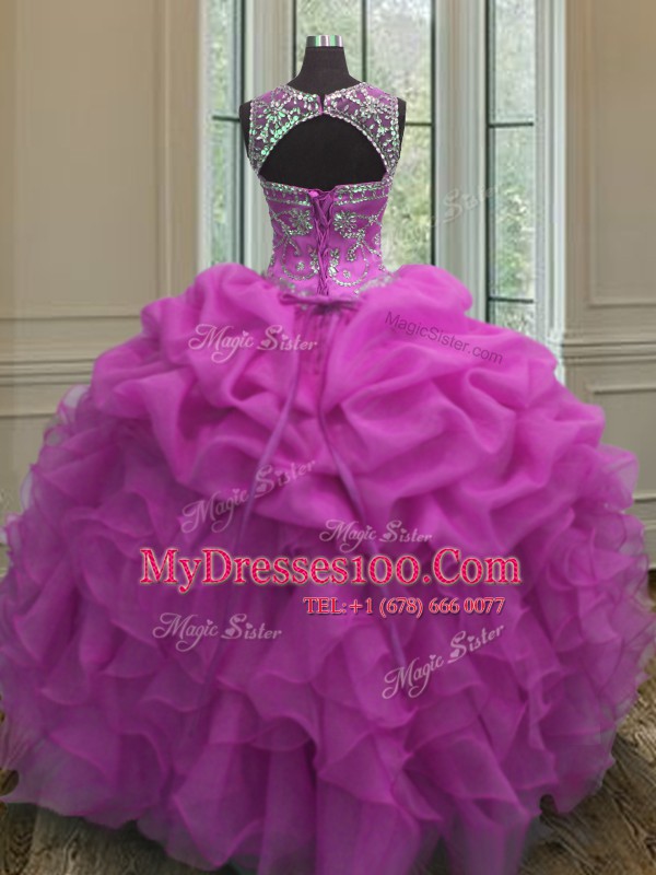 Fuchsia Scoop Neckline Beading and Ruffles and Pick Ups 15th Birthday Dress Sleeveless Lace Up