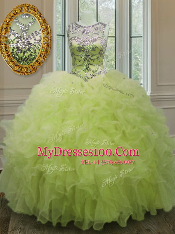 Custom Made Yellow Green Organza Lace Up Scoop Sleeveless Floor Length Quinceanera Dresses Beading and Ruffles