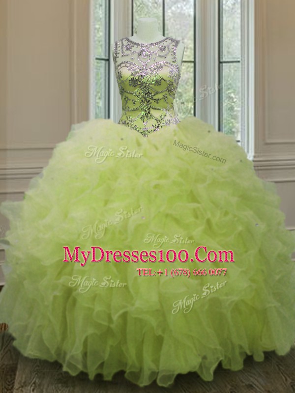 Custom Made Yellow Green Organza Lace Up Scoop Sleeveless Floor Length Quinceanera Dresses Beading and Ruffles