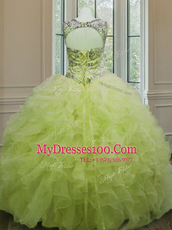 Custom Made Yellow Green Organza Lace Up Scoop Sleeveless Floor Length Quinceanera Dresses Beading and Ruffles