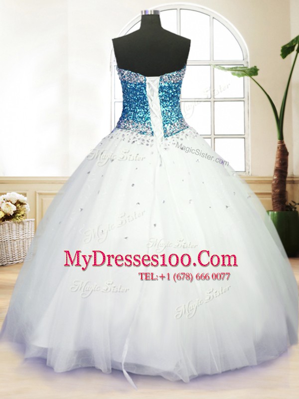 Floor Length Ball Gowns Sleeveless White Quinceanera Gowns Lace Up
