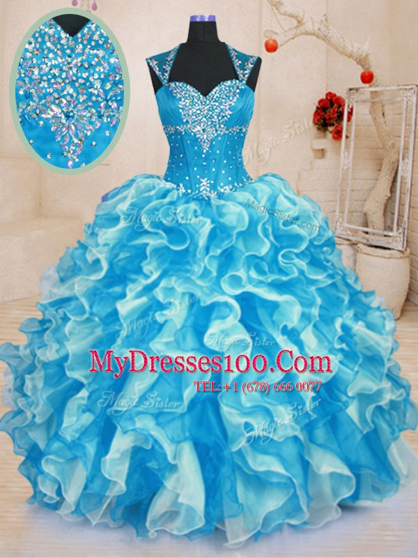 Nice Aqua Blue Sleeveless Organza Lace Up Quinceanera Gown for Military Ball and Sweet 16 and Quinceanera