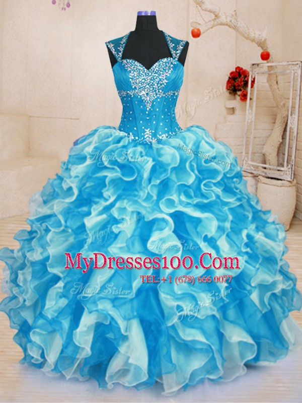 Nice Aqua Blue Sleeveless Organza Lace Up Quinceanera Gown for Military Ball and Sweet 16 and Quinceanera