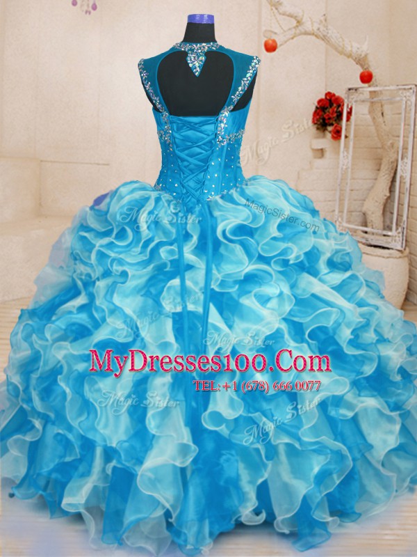 Nice Aqua Blue Sleeveless Organza Lace Up Quinceanera Gown for Military Ball and Sweet 16 and Quinceanera