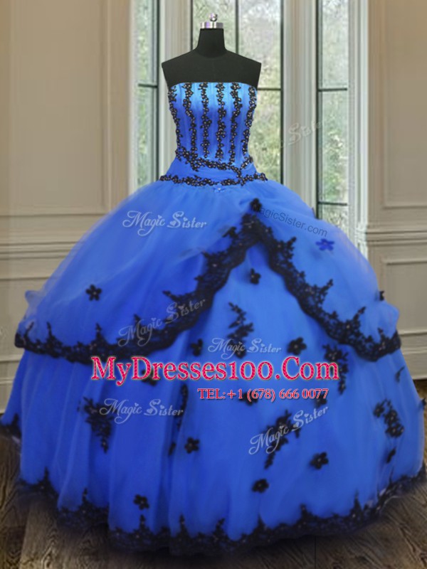 Trendy Blue Lace Up Strapless Appliques Quince Ball Gowns Tulle Sleeveless