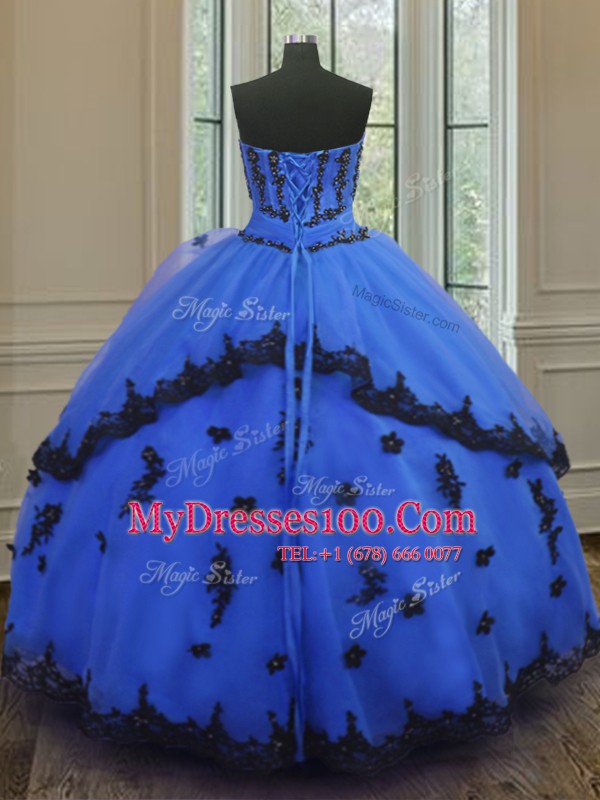 Trendy Blue Lace Up Strapless Appliques Quince Ball Gowns Tulle Sleeveless