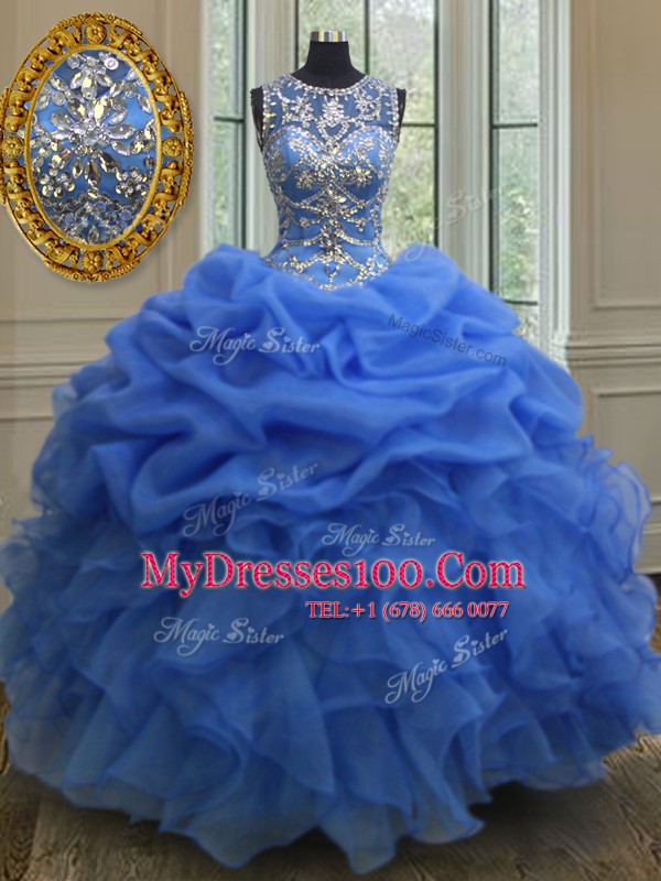 Colorful Scoop Sleeveless Lace Up 15th Birthday Dress Blue Organza