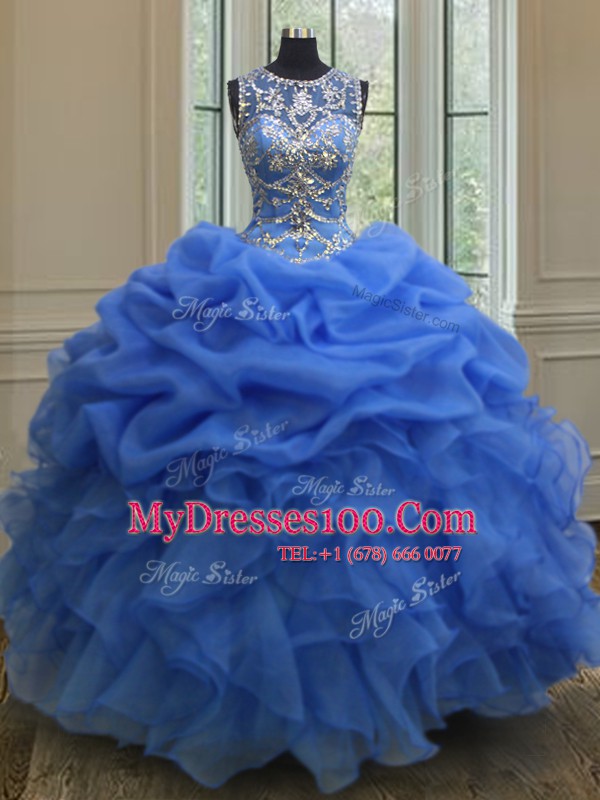 Colorful Scoop Sleeveless Lace Up 15th Birthday Dress Blue Organza
