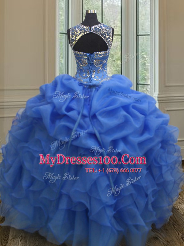 Colorful Scoop Sleeveless Lace Up 15th Birthday Dress Blue Organza